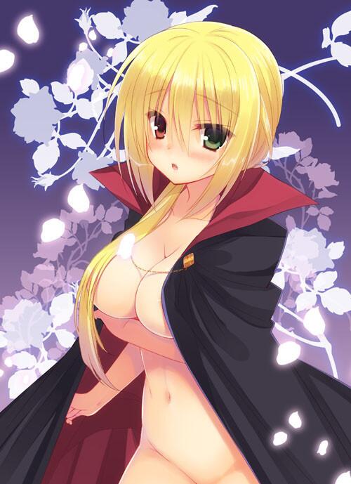 areolae artist_request blonde_hair blush breast_hold breasts cape cherry_blossoms cleavage dracu-riot! green_eyes hair_censor hair_over_breasts heterochromia large_breasts long_hair naked_cape navel nicola_cepheus out-of-frame_censoring petals red_eyes solo standing