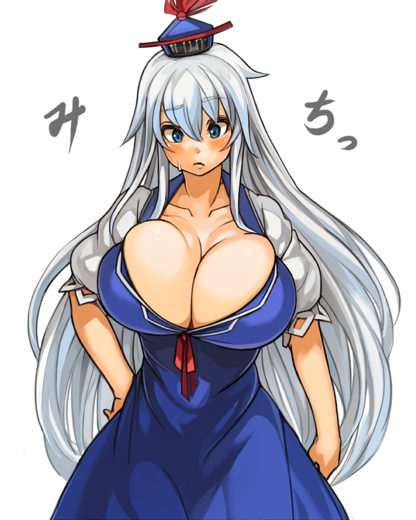blue_dress blue_eyes breasts cleavage collarbone dress hat huge_breasts kamishirasawa_keine long_hair puffy_short_sleeves puffy_sleeves sachito short_sleeves silver_hair simple_background solo touhou very_long_hair white_background