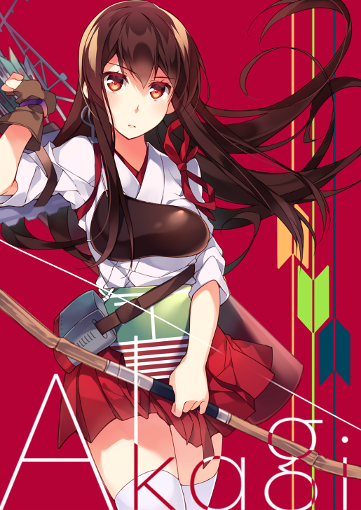 akagi_(kantai_collection) blush bow_(weapon) brown_eyes brown_hair cover cover_page doujin_cover japanese_clothes kantai_collection kureaki_(exit) long_hair muneate pleated_skirt skirt solo weapon white_legwear