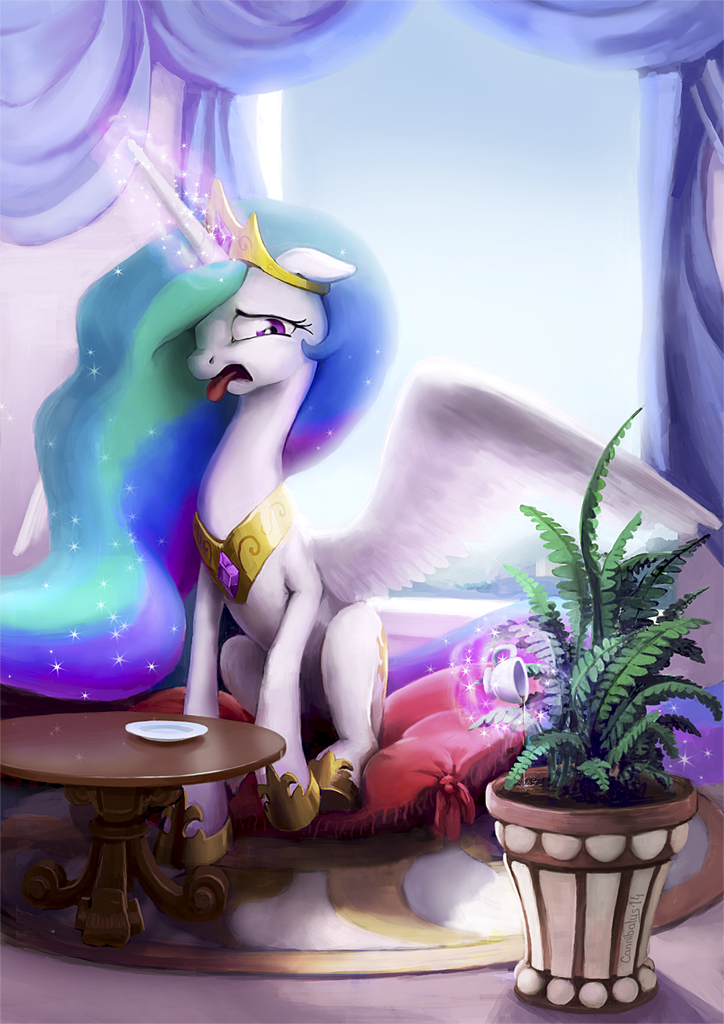 canibalus cannibalus crown cup cutie_mark disgusted equine female feral friendship_is_magic fur gem glowing gold hair horn levitation magic mammal multi-colored_hair my_little_pony necklace pillow plant princess_celestia_(mlp) purple_eyes saucer sitting solo sparkles table tea tea_cup tongue tongue_out white_fur winged_unicorn wings