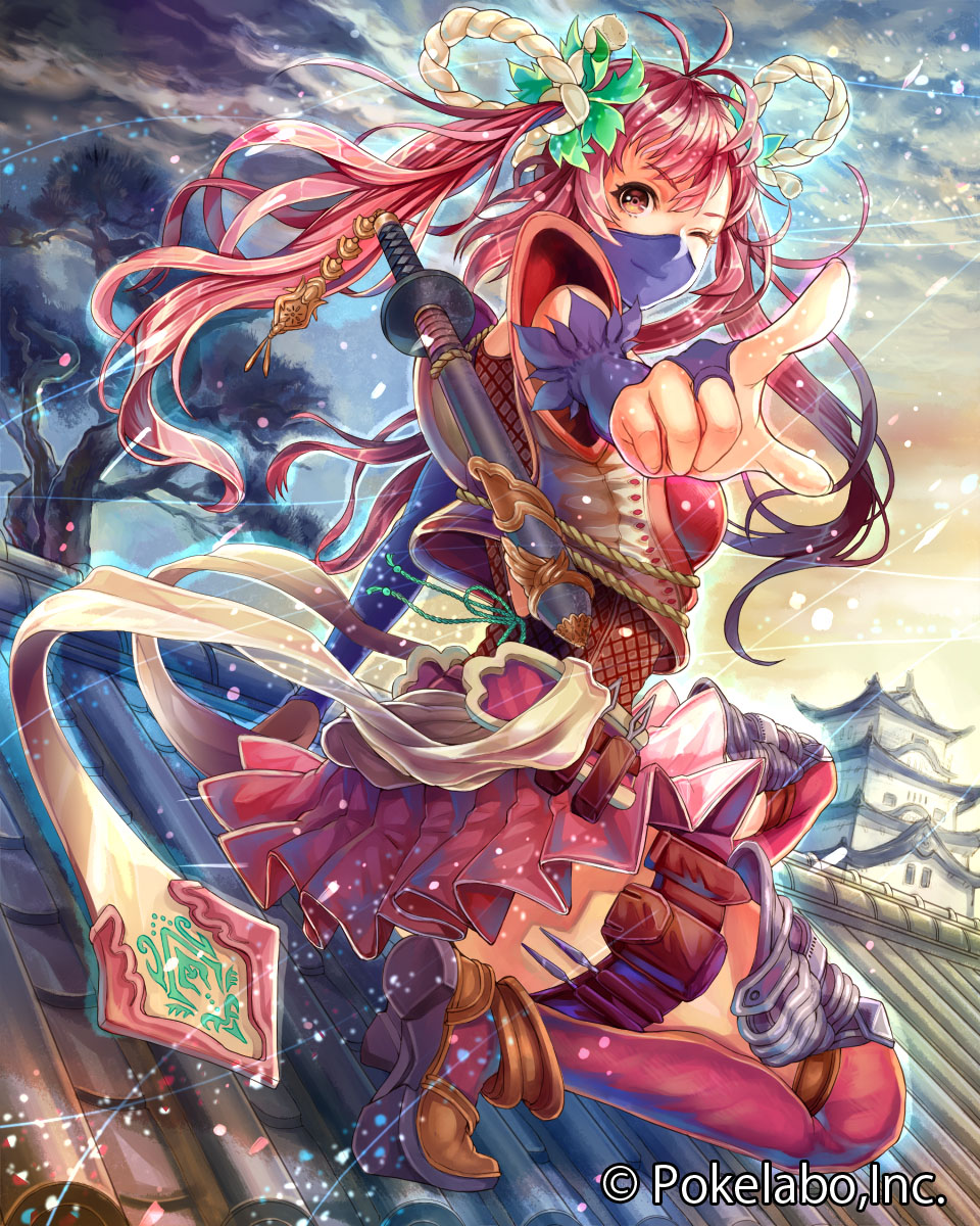 ;) architecture armor behind_back black_legwear brown_eyes building covered_mouth fuuma_kotarou_(senran_no_samurai_kingdom) hair_ornament hair_ribbon highres house looking_at_viewer mask ninja one_eye_closed one_knee outdoors pagoda pink_hair pointing pointing_at_viewer red_eyes ribbon rooftop scabbard senran_no_samurai_kingdom sheath sheathed smile solo sweetwitch sword tassel thighhighs twintails weapon yellow_eyes