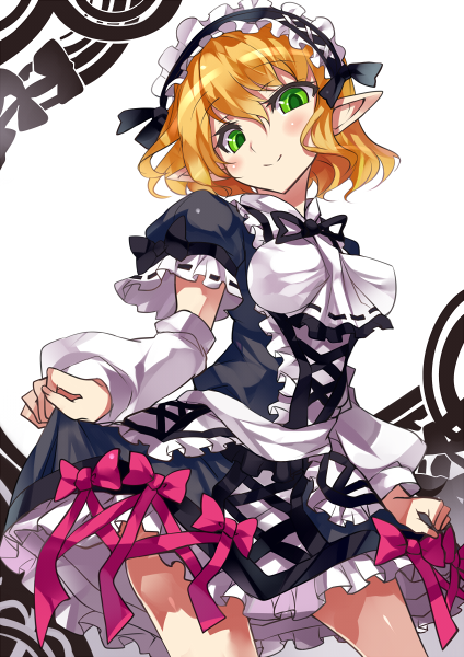 alternate_costume arm_warmers black_dress blonde_hair detached_sleeves dress frills green_eyes hairband kiyoichi_(acacia_soukyoukai) lace lace-trimmed_skirt lolita_fashion lolita_hairband looking_at_viewer mizuhashi_parsee pointy_ears puffy_short_sleeves puffy_sleeves short_hair short_sleeves skirt skirt_lift smile solo touhou wavy_hair