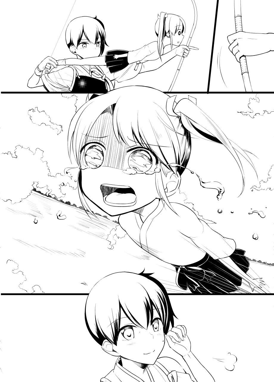 bow_(weapon) comic crying crying_with_eyes_open flying greyscale highres kaga_(kantai_collection) kantai_collection launching meet monochrome multiple_girls ocean sky tears weapon younger zuikaku_(kantai_collection)