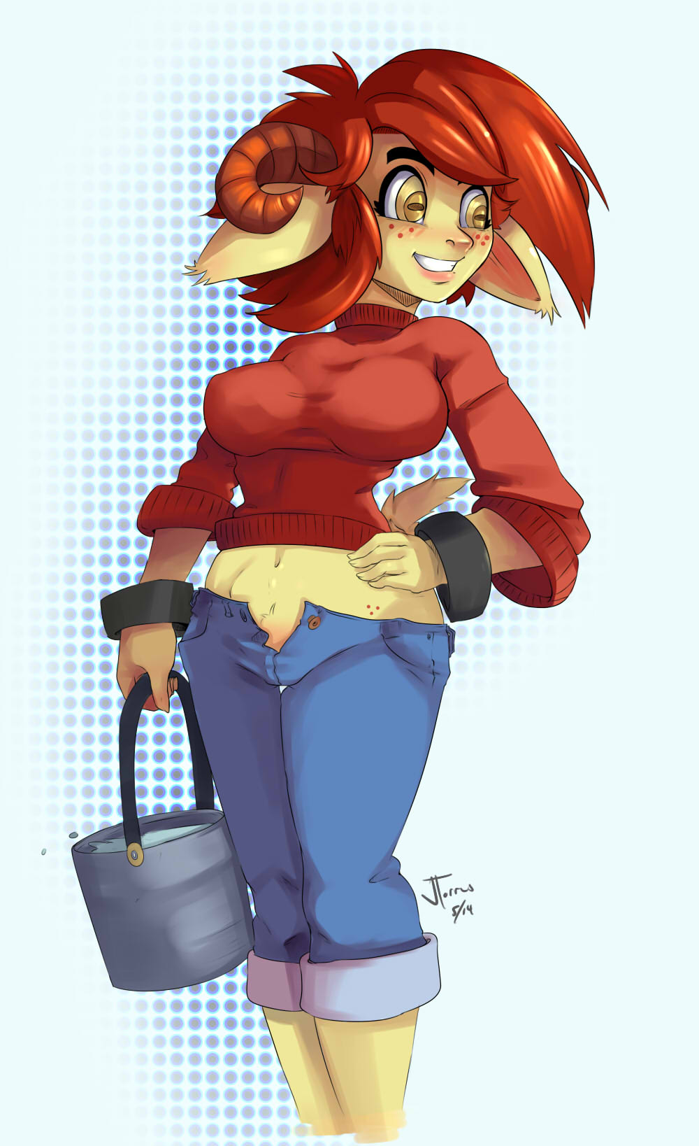 amber_eyes big_breasts blush bracelet breasts bucket caprine clothed clothing female freckles fur goat hair horn jewelry looking_back mammal midriff nails navel nerdbayne open_fly open_pants pants red_hair shirt short_hair smile solo standing sweater teeth yellow_fur