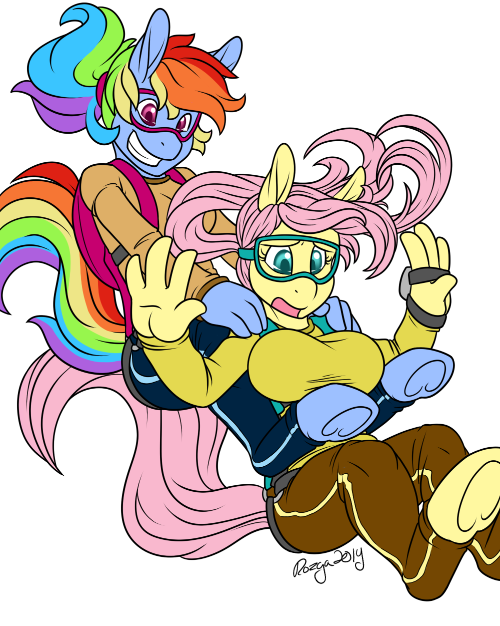 alpha_channel anthro anthrofied big_breasts blue_eyes blue_fur breasts clothing duo equine eyewear female fluttershy_(mlp) friendship_is_magic fur goggles hair horse mammal multi-colored_hair my_little_pony pink_eyes pink_hair plain_background pony rainbow_dash_(mlp) rainbow_hair rozga skydiving transparent_background yellow_fur