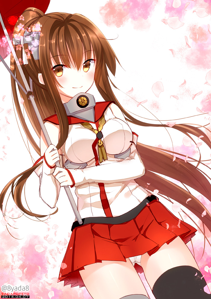 blush breasts brown_eyes brown_hair cherry_blossoms dated detached_sleeves flower hair_flower hair_ornament kantai_collection long_hair looking_at_viewer medium_breasts oriental_umbrella ponytail red_umbrella signature skirt smile solo thighhighs twitter_username umbrella very_long_hair yadapot yamato_(kantai_collection)