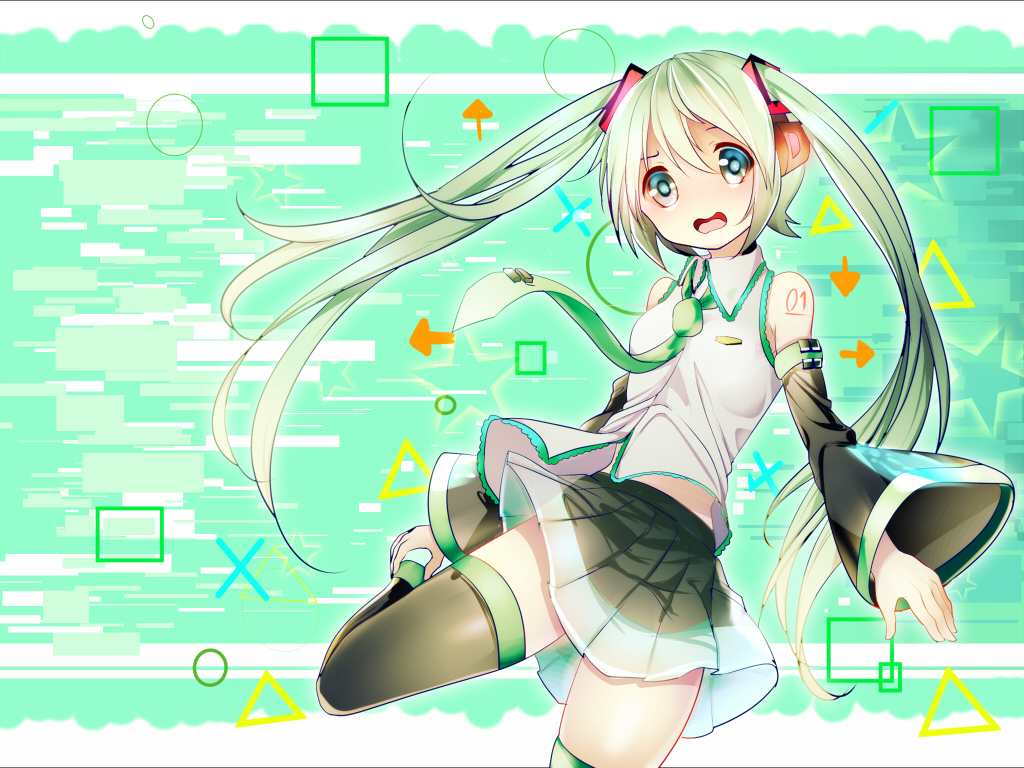 aaru detached_sleeves green_eyes green_hair hatsune_miku headphones long_hair necktie open_mouth skirt solo thighhighs twintails very_long_hair vocaloid