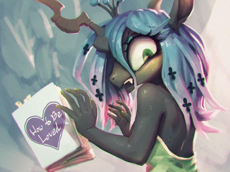anthro anthrofied book changeling crown equine fangs female fralininin friendship_is_magic green_eyes green_hair hair horn long_hair looking_at_viewer mammal my_little_pony queen_chrysalis_(mlp) solo surprise