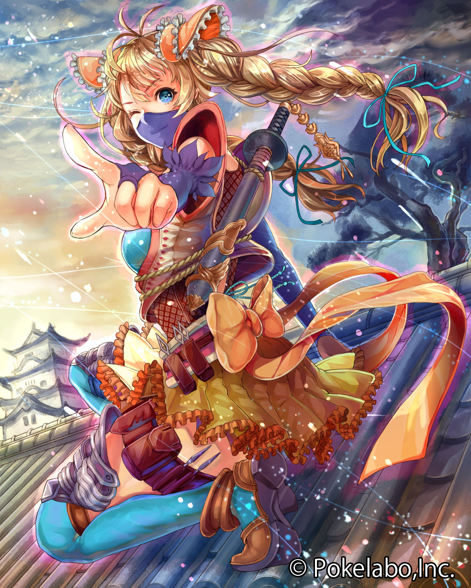 ;) architecture armor behind_back black_legwear blonde_hair blue_eyes braid building covered_mouth fuuma_kotarou_(senran_no_samurai_kingdom) hair_ribbon highres house looking_at_viewer mask ninja one_eye_closed one_knee outdoors pagoda plant pointing pointing_at_viewer ponytail ribbon rooftop scabbard senran_no_samurai_kingdom sheath sheathed smile solo sweetwitch sword tassel thighhighs tree twin_braids weapon yellow_eyes