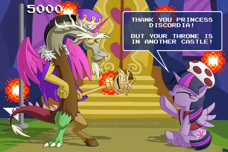 &lt;3 annoyed antler antlers castle costume crown cutie_mark dialog discord_(mlp) doors draconequus duo english_text engrishman equine eyes_closed female friendship_is_magic gold hair horn male mammal mario_bros multi-colored_hair my_little_pony nintendo purple_eyes red_eyes scepter sitting stairs steps text toad_(mario) twilight_sparkle_(mlp) vest video_games winged_unicorn wings