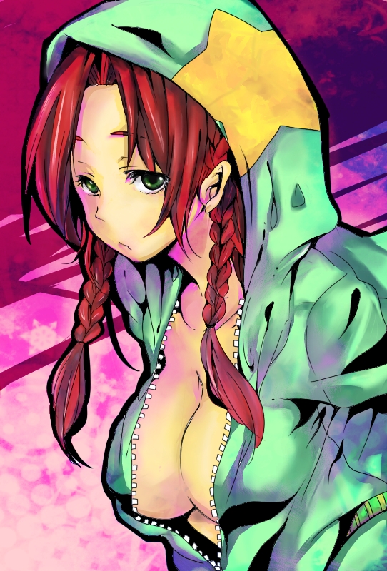 alternate_costume bad_id bad_pixiv_id braid breasts cleavage clover_(lapis_lazure) collarbone commentary_request eyelashes green_eyes hong_meiling hood hoodie hp_0_(eitipe0) large_breasts long_hair looking_at_viewer naked_hoodie no_bra patterned_background pouty_lips recolored red_hair solo star touhou twin_braids