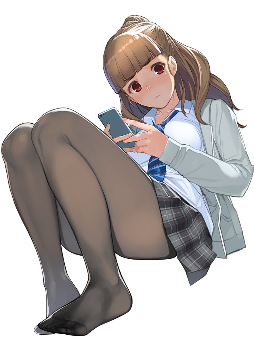 bangs blue_neckwear blunt_bangs blush brown_legwear cellphone closed_mouth collared_shirt commentary_request eyebrows_visible_through_hair feet grey_jacket grey_skirt highres holding holding_cellphone holding_phone idolmaster idolmaster_cinderella_girls jacket kamiya_nao long_sleeves looking_at_viewer mibu_natsuki necktie no_shoes open_clothes open_jacket pantyhose phone pleated_skirt ponytail red_eyes shirt simple_background skirt smartphone solo white_background white_shirt wing_collar