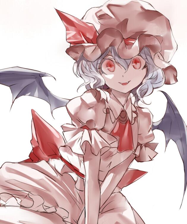 ascot banned_artist bat_wings blue_hair bow fangs frills hat hat_bow kozou_(soumuden) looking_at_viewer mob_cap open_mouth puffy_sleeves red_eyes remilia_scarlet ribbon shirt short_hair short_sleeves simple_background skirt skirt_set smile solo touhou vest white_background wings