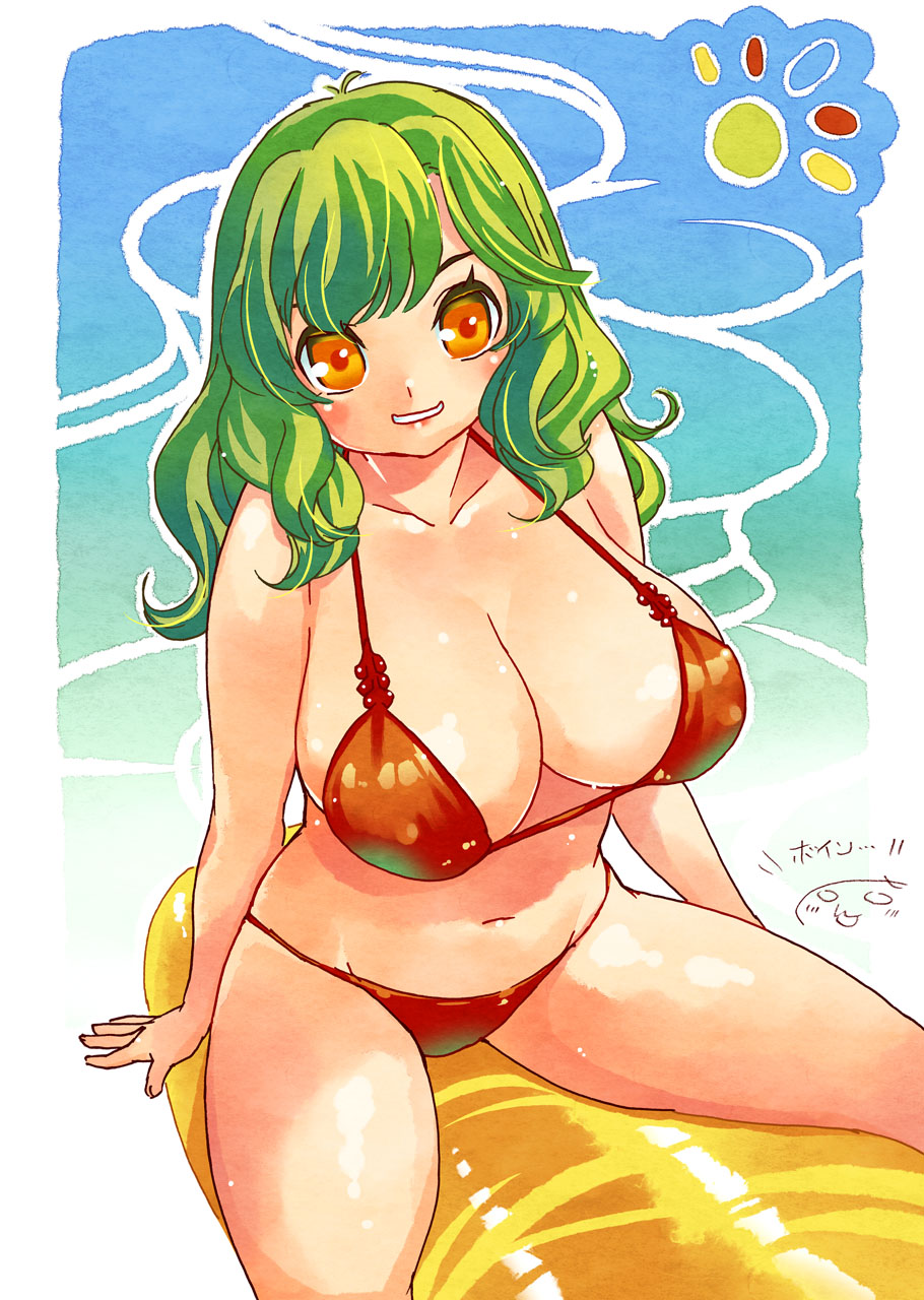 bikini breasts green_hair highres large_breasts long_hair navel orange_eyes original sitting solo swimsuit tsuutenkaaku