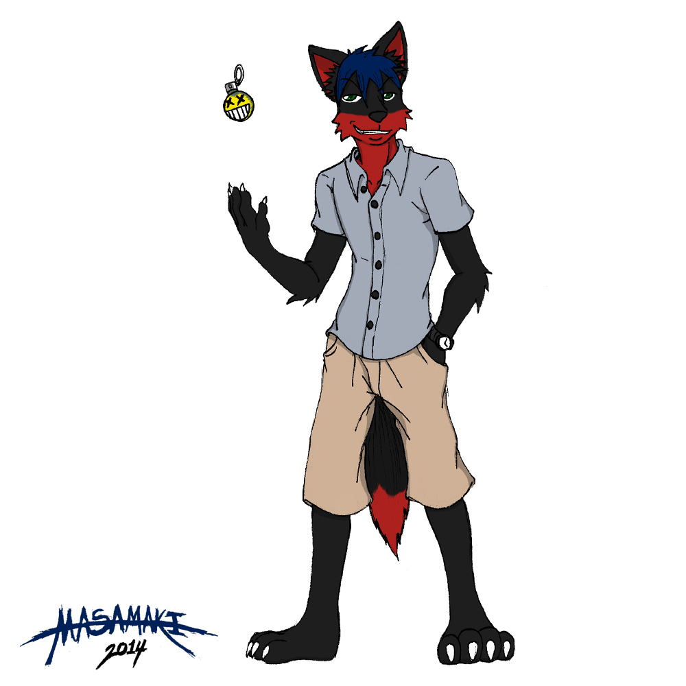 anthro canine claws clothed clothing fox fur grenade grin hair looking_at_viewer male mammal masamaki plain_background pose solo standing teeth