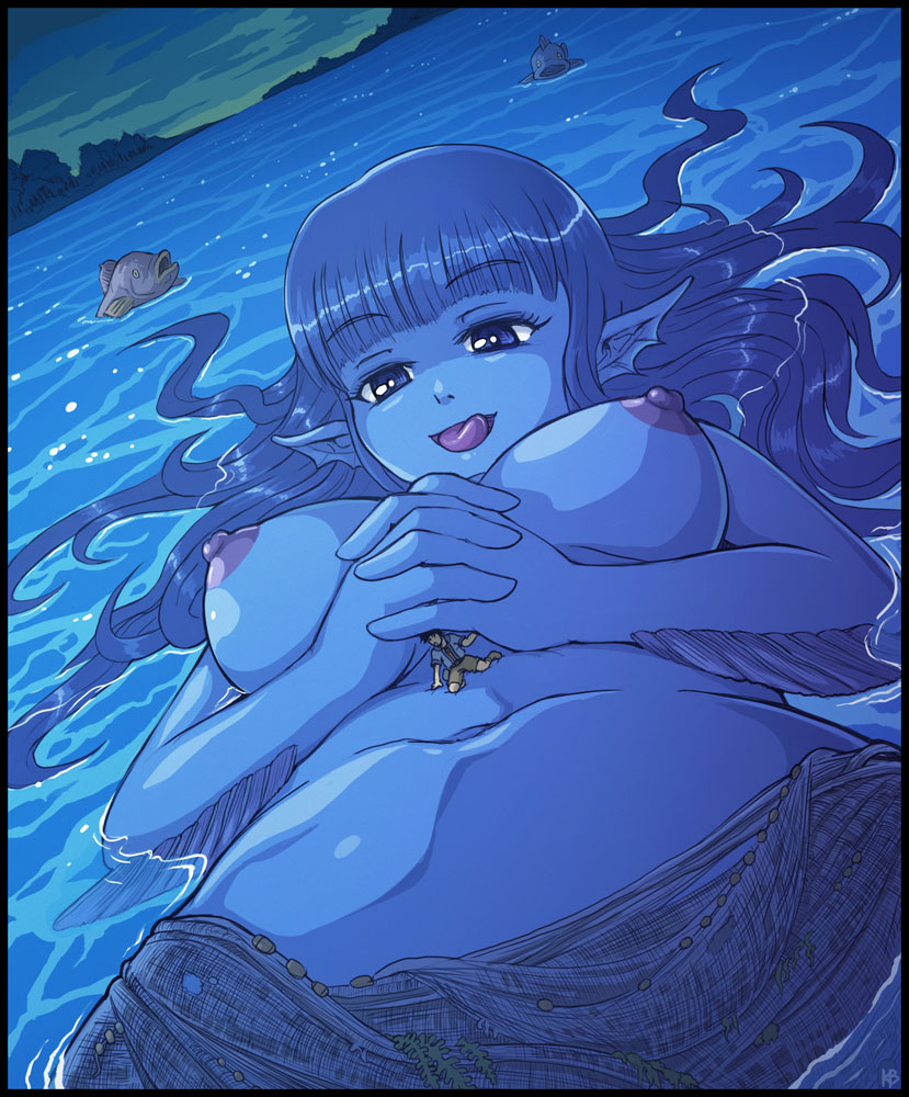 1girl afloat anko_(karbo) bangs blue_eyes blue_hair blue_skin blunt_bangs breasts breasts_apart cleavage cloud cloudy_sky dutch_angle felarya fins fish giantess hair_spread_out hands_clasped karbo large_breasts licking_lips long_hair lying miniboy monster_girl navel night nipples ocean on_back outdoors own_hands_together pointy_ears ragna_(felarya) sarong seaweed shirt shorts signature sky sparkle tongue tongue_out topless tree underboob water