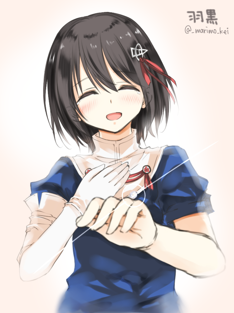 :d ^_^ black_hair blush closed_eyes elbow_gloves gloves haguro_(kantai_collection) hair_ornament hand_on_own_chest jewelry kantai_collection open_mouth ototsu_kei ring short_hair smile solo tears wedding_band white_gloves