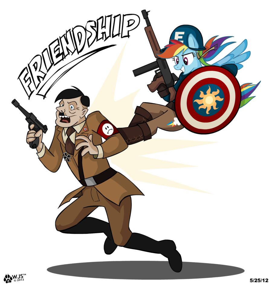 adolf_hitler anthro anthrofied anthroified boots clothing duo female friendship_is_magic human humor male mammal military my_little_pony nazi plain_background rainbow_dash_(mlp) uniform weapon wolfjedisamuel