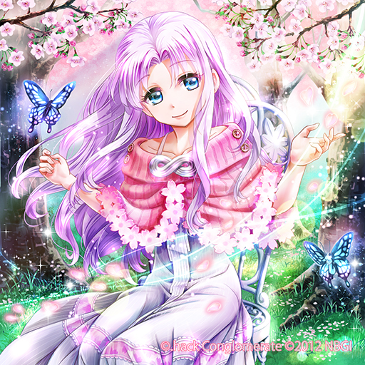 .hack//games 1girl 2012 aura_(.hack//) blue_eyes bug butterfly cherry_blossoms dress guilty_dragon infinity insect long_hair minimaru nature purple_hair shawl sitting smile solo white_dress