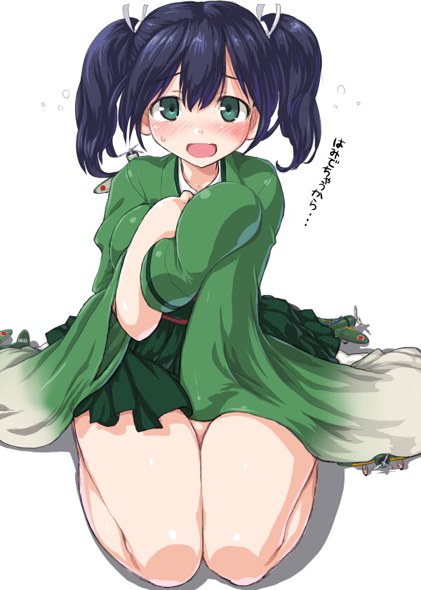 aircraft airplane black_hair breast_squeeze breasts dd_(ijigendd) green_eyes japanese_clothes kantai_collection large_breasts long_sleeves open_mouth ribbon short_hair sitting skirt solo souryuu_(kantai_collection) translation_request twintails wide_sleeves