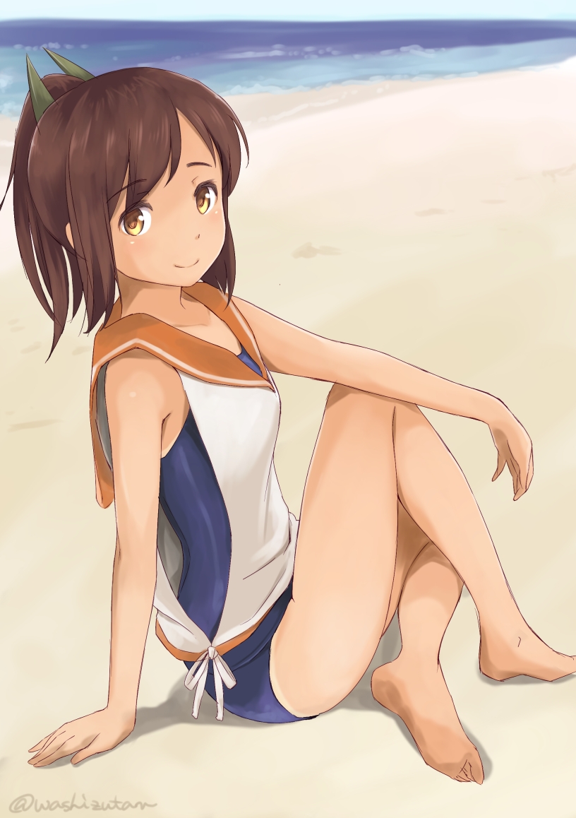 barefoot beach blush brown_eyes brown_hair i-401_(kantai_collection) kantai_collection looking_at_viewer one-piece_swimsuit ponytail sailor_collar school_swimsuit school_uniform short_hair short_ponytail sitting sketch smile solo swimsuit swimsuit_under_clothes tan wa_(genryusui)