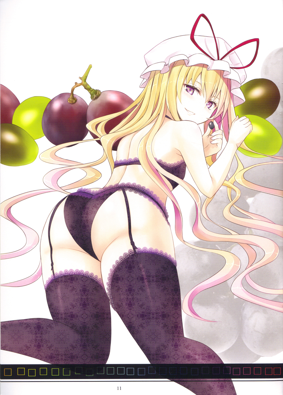 alternate_breast_size alternate_costume ass blonde_hair blush bra flat_chest food from_behind fruit garter_straps grapes hat highres kneeling lace lace-trimmed_bra lace-trimmed_panties lace-trimmed_thighhighs lingerie long_hair looking_at_viewer looking_back mob_cap nabeshima_tetsuhiro nail_polish oversized_object panties purple_bra purple_eyes purple_legwear purple_nails purple_panties ribbon scan simple_background smile solo thigh_strap thighhighs touhou underwear underwear_only very_long_hair yakumo_yukari