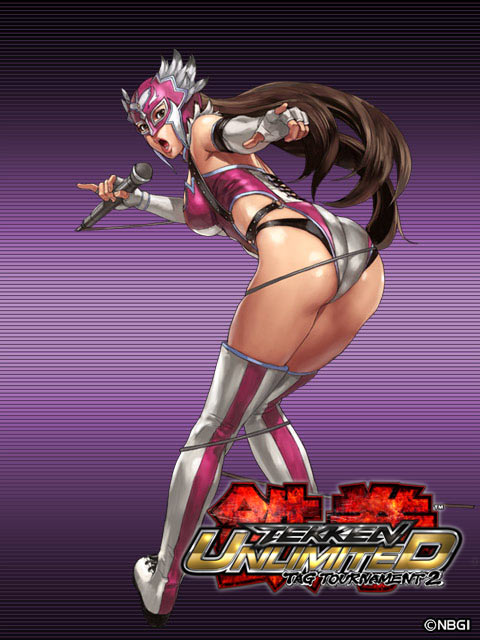alternate_costume ass bare_shoulders black_panties boots breasts brown_eyes brown_hair cable elbow_gloves elbow_pads entangled fingerless_gloves gloves jaycee_(tekken) julia_chang junny large_breasts leotard long_hair microphone panties pinky_out pointing purple_leotard solo tekken tekken_tag_tournament_2 thigh_boots thighhighs underwear wrestling_outfit