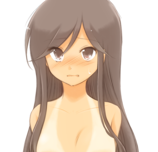 a_channel bad_id bad_pixiv_id black_eyes black_hair blush collarbone long_hair looking_at_viewer natsushi nishi_yuuko nude simple_background solo sweatdrop tan tanline upper_body white_background