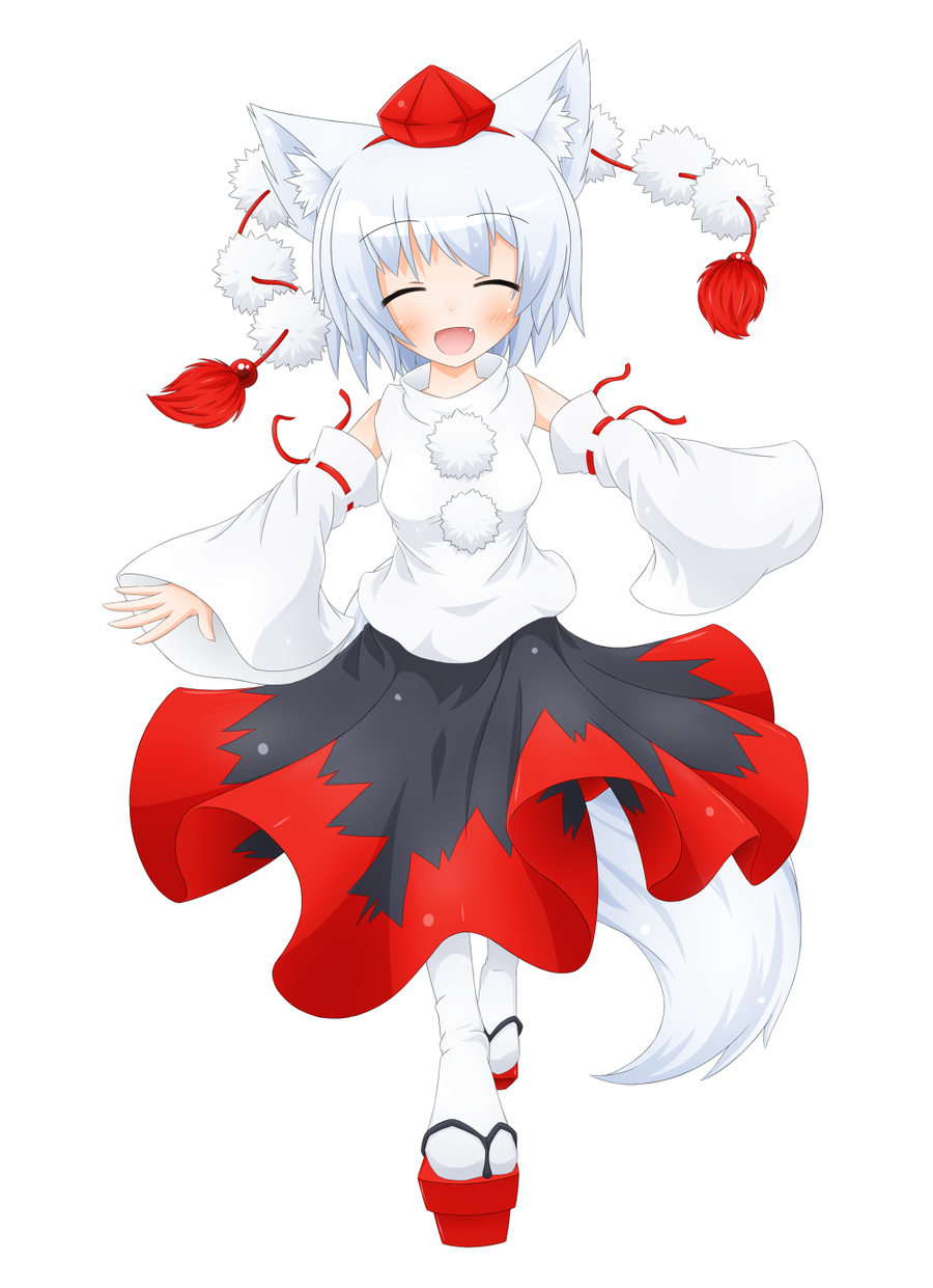animal_ears bad_deviantart_id bad_id bare_shoulders blush breasts closed_eyes detached_sleeves fang happy hat highres inubashiri_momiji kamil_dabrowski medium_breasts open_mouth pom_pom_(clothes) shirt short_hair silver_hair simple_background skirt solo tail tokin_hat touhou white_background white_shirt wolf_ears wolf_tail