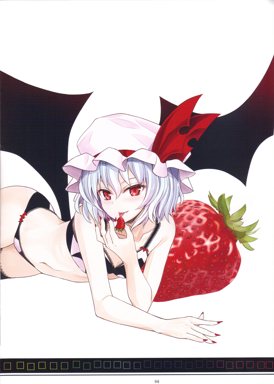 alternate_costume bat_wings blue_hair blush bra fang flat_chest food fruit hat highres lace lace-trimmed_bra lace-trimmed_panties lace-trimmed_thighhighs looking_at_viewer lying mob_cap nabeshima_tetsuhiro nail_polish navel on_side oversized_object panties pink_bra pink_panties red_eyes red_nails remilia_scarlet ribbon scan simple_background slit_pupils smile solo strawberry thighhighs tongue tongue_out touhou underwear underwear_only wings