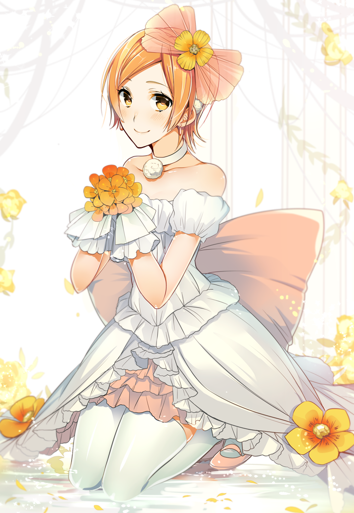 bad_id bad_pixiv_id banned_artist blush bouquet dress flower hoshizora_rin kneeling looking_at_viewer love_live! love_live!_school_idol_project love_wing_bell okia orange_hair short_hair smile solo thighhighs yellow_eyes