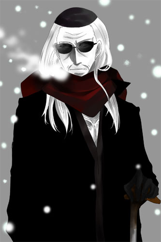 akagi bad_id bad_pixiv_id blind cane hat ichikawa_(akagi) imo_(pixiv) lowres male_focus scarf snow solo sunglasses white_hair