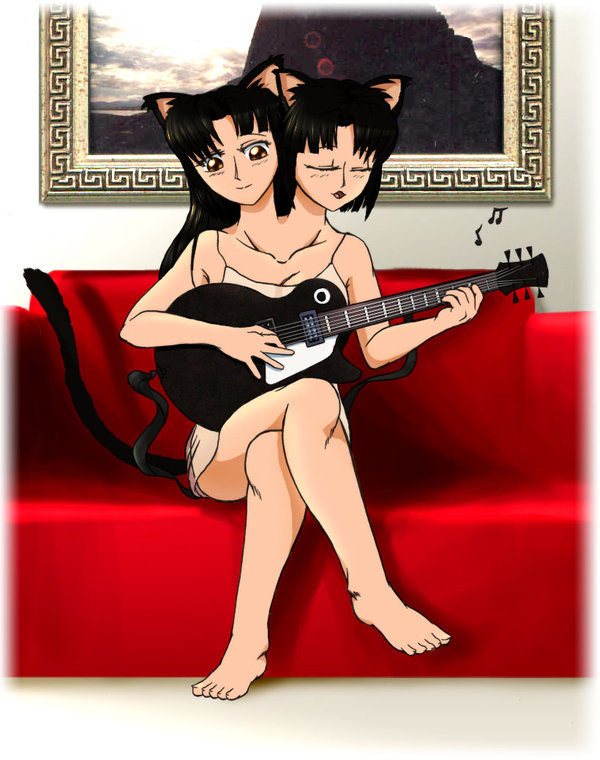 amiko_emiko barefoot catgirl conjoined crossed_legs guitar legs_crossed multi_head music tail