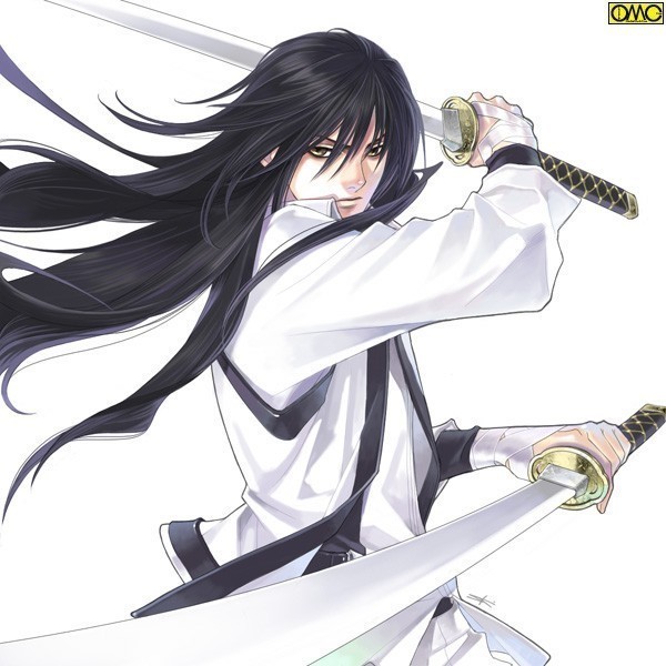 1boy black_hair long_hair male male_focus simple_background solo sword weapon white_background