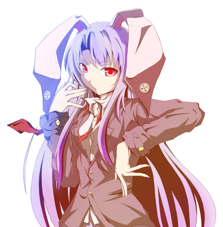 animal_ears bad_id bad_pixiv_id blazer bunny_ears buttons fighting_stance jacket jimo long_hair necktie red_eyes red_neckwear reisen_udongein_inaba solo touhou