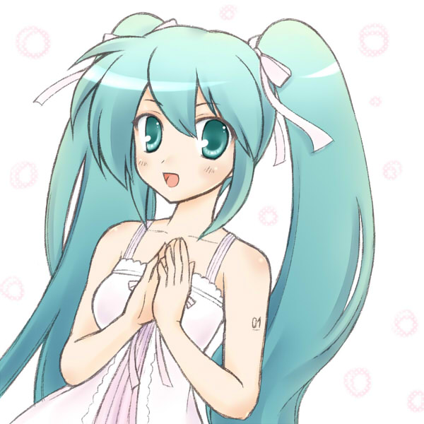 aqua_eyes aqua_hair hair_ribbon hands_together hatsune_miku long_hair looking_at_viewer miyo_(scarlet) open_mouth ribbon solo twintails vocaloid white_background