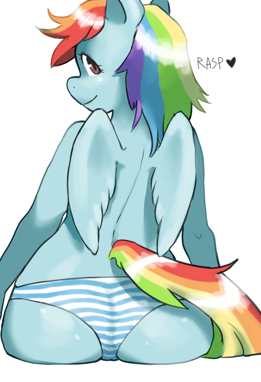 back_turned blue_fur butt equine feathers female friendship_is_magic fur hair hands horse looking_at_viewer looking_back mammal multi-colored_hair my_little_pony panties pegasus pink_eyes pony rainbow_dash_(mlp) sitting smile solo striped_panties the-rasp-b underwear wings