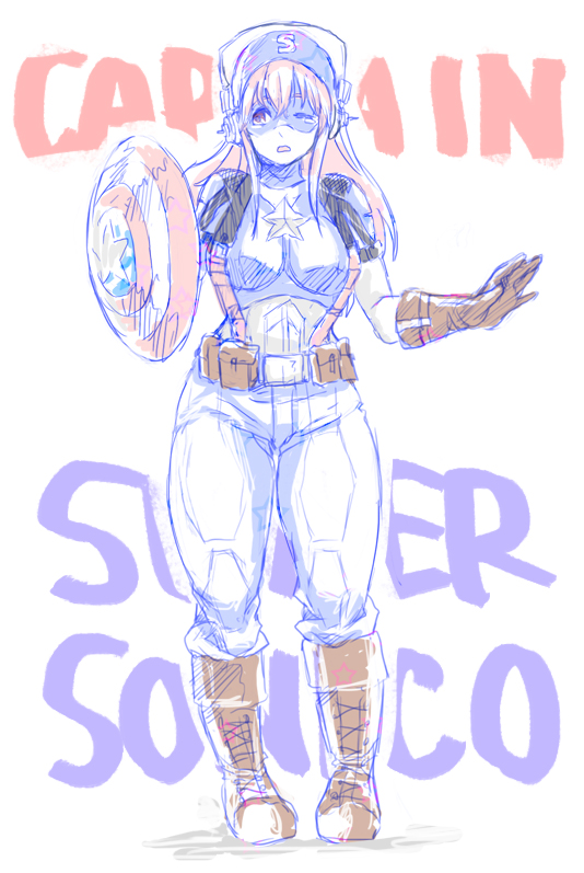 blush boots breasts captain_america headphones large_breasts long_hair looking_away marvel nitroplus one_eye_closed open_mouth pink_hair red_eyes shield solo super_sonico zimbabwefumi