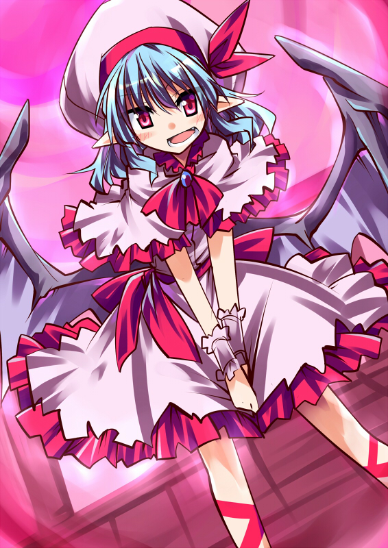 ascot bat_wings blue_hair blush bow brooch capelet curiosities_of_lotus_asia hat hat_bow hemogurobin_a1c jewelry open_mouth pointy_ears red_eyes remilia_scarlet solo thigh_strap touhou wings wrist_cuffs