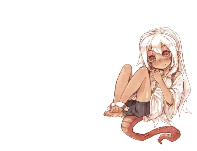 black_hair dragon_tail female hair human looking_at_viewer mammal pointy_ears red_eyes smile unknown_artist white_hair