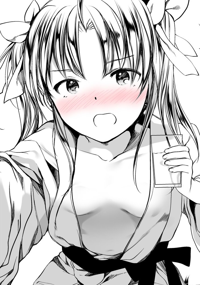1girl bangs blush bow breasts breasts_apart commentary_request cup drinking_glass eyebrows_visible_through_hair fingernails greyscale hair_bow holding holding_cup japanese_clothes kagerou_(kantai_collection) kantai_collection kimono leaning_forward looking_at_viewer miyuki_yaya monochrome navel no_bra nose_blush open_clothes open_kimono open_mouth parted_bangs sash small_breasts solo spot_color two_side_up