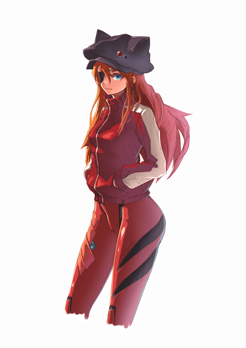 blue_eyes cabbie_hat evangelion:_3.0_you_can_(not)_redo eyepatch hands_in_pockets hat hat_with_ears jacket long_hair neon_genesis_evangelion plugsuit rebuild_of_evangelion red_hair shikinami_asuka_langley simple_background solo souryuu_asuka_langley track_jacket white_background winddale