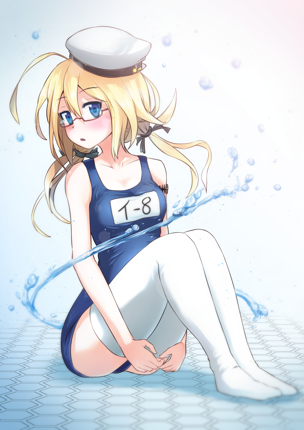 blonde_hair blue_eyes breasts glasses hat highres i-8_(kantai_collection) kantai_collection long_hair low_twintails medium_breasts mojake name_tag one-piece_swimsuit open_mouth peaked_cap red-framed_eyewear school_swimsuit sitting solo swimsuit thighhighs twintails white_legwear