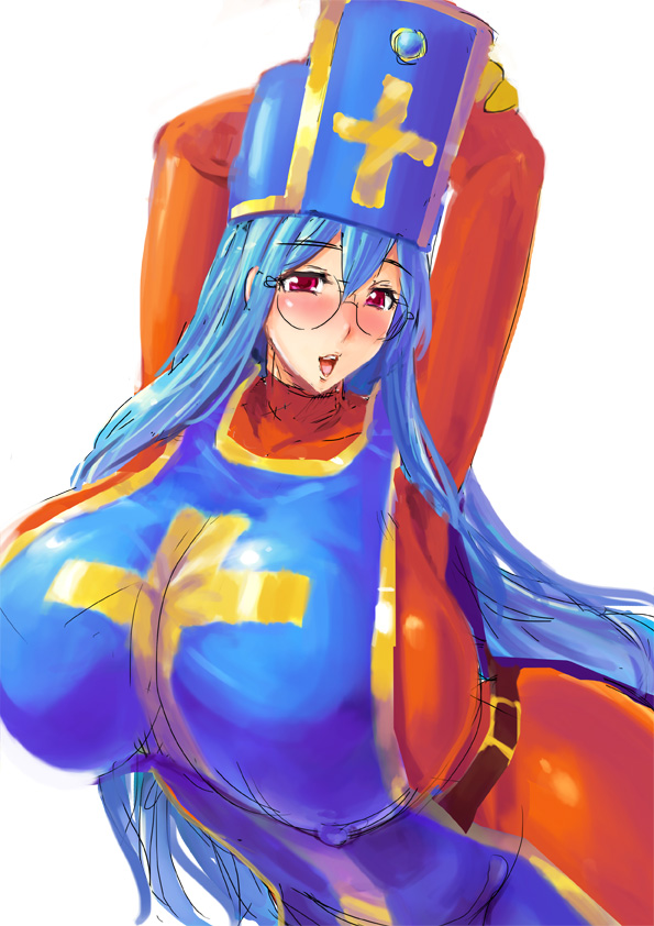 1girl arms_up belt blue_hair blush bodysuit breasts dragon_quest dragon_quest_iii erect_nipples female glasses gloves hand_behind_head hat huge_breasts leaning_forward leotard long_hair mesiuma_joutai open_mouth priest_(dq3) red_eyes simple_background solo standing tabard upper_body white_background