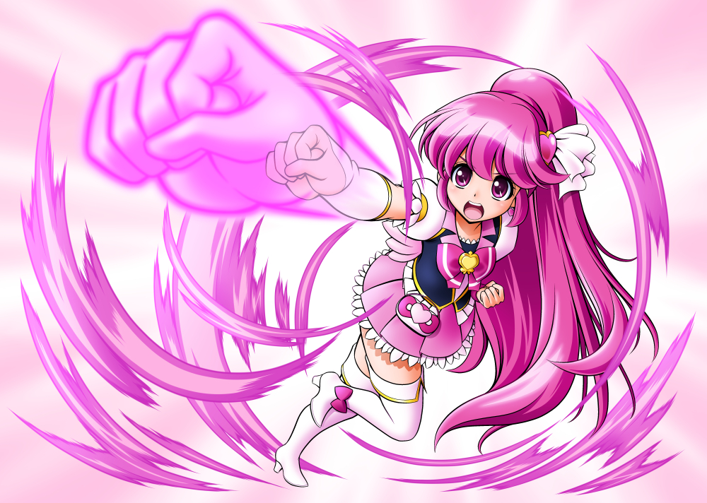 :o aino_megumi boots bow bowtie brooch clenched_hand cure_lovely earrings energy hair_ornament happinesscharge_precure! heart heart_hair_ornament jewelry long_hair magical_girl mattsua pink pink_bow pink_eyes pink_hair pink_skirt ponytail precure punching skirt solo thigh_boots thighhighs white_legwear wide_ponytail zettai_ryouiki