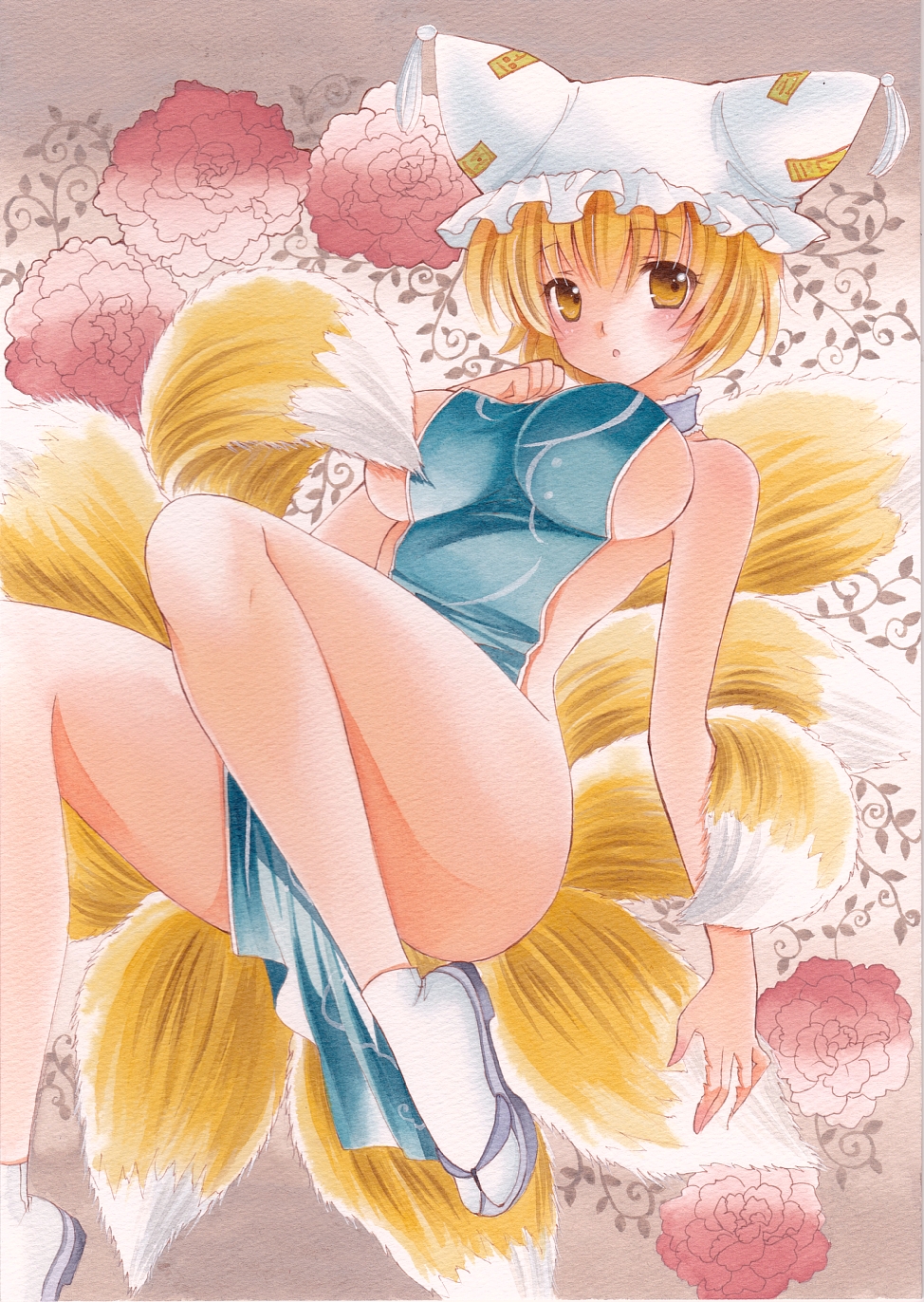 animal_ears blonde_hair blush breasts censored color_ink_(medium) fox_tail hat highres japanese_clothes large_breasts multiple_tails naked_tabard pom77 short_hair solo tabard tail tail_censor touhou yakumo_ran yellow_eyes