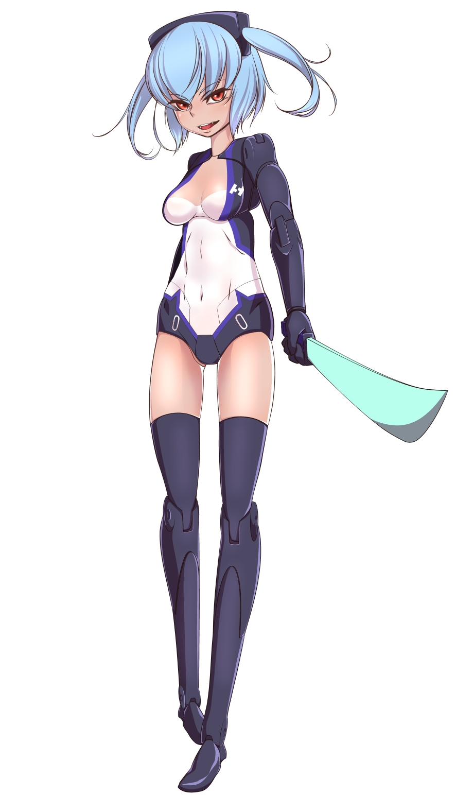 :d aiming_at_viewer bangs black_gloves black_legwear blue_hair boots breasts busou_shinki cleavage covered_navel doll_joints fang full_body gloves headgear highres holding holding_weapon katana leotard long_legs open_mouth red_eyes short_hair short_twintails simple_background slim_legs small_breasts smile solo strarf_mk2 sword thigh_boots thighhighs twintails vivace_tune weapon white_background