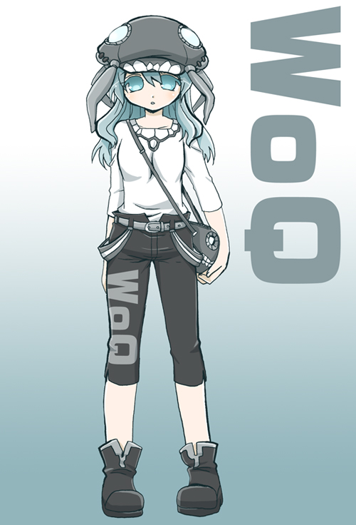 adapted_costume bag belt boots casual contemporary hat kantai_collection long_hair looking_at_viewer minamoto_hisanari open_mouth shinkaisei-kan shoulder_bag silver_eyes silver_hair solo wo-class_aircraft_carrier