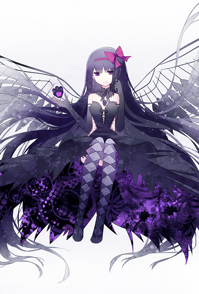 absurdly_long_hair akemi_homura akuma_homura argyle argyle_legwear bare_shoulders black_hair black_wings bow choker cuivre dark_orb_(madoka_magica) dress feathered_wings gradient gradient_background hair_bow long_hair looking_at_viewer mahou_shoujo_madoka_magica mahou_shoujo_madoka_magica_movie playing_with_own_hair purple_eyes sitting smile solo spoilers thighhighs very_long_hair white_background wings