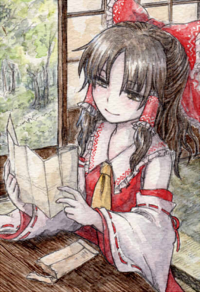 ascot bow brown_eyes brown_hair crayon_(medium) detached_sleeves dress envelope eyelashes hair_bow hair_ribbon hair_tubes hakurei_reimu indoors letter long_hair reading red_dress ribbon sakurai_haruto sitting sliding_doors smile solo tatami touhou traditional_media tree wavy_hair wide_sleeves